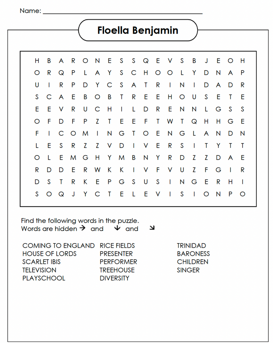 Floella Benjamin word search