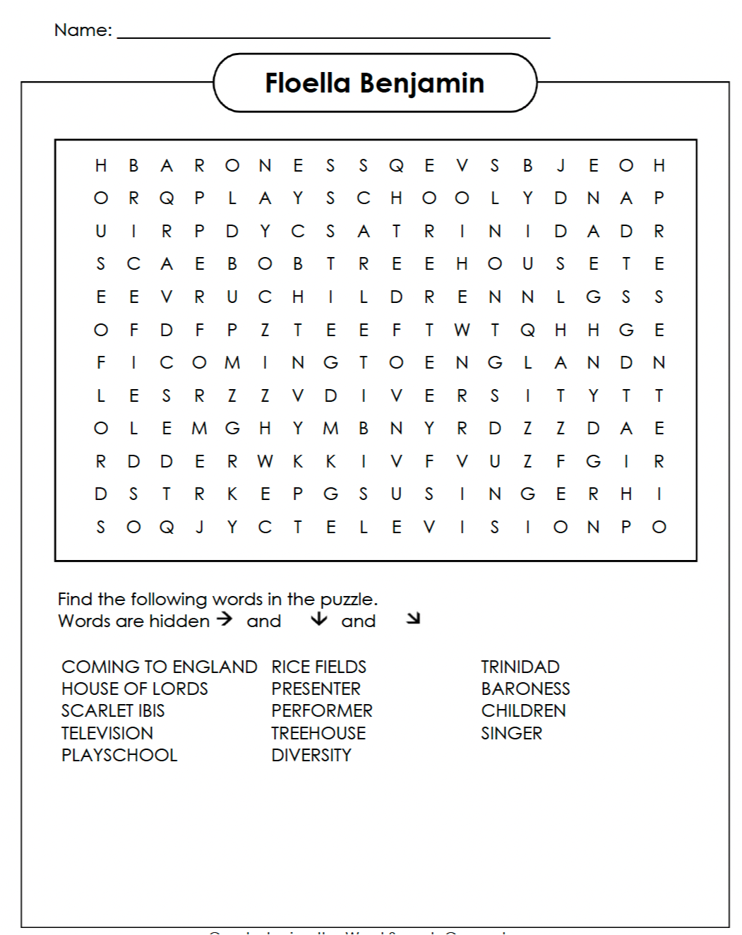 Floella Benjamin word search Floella Benjamin word search